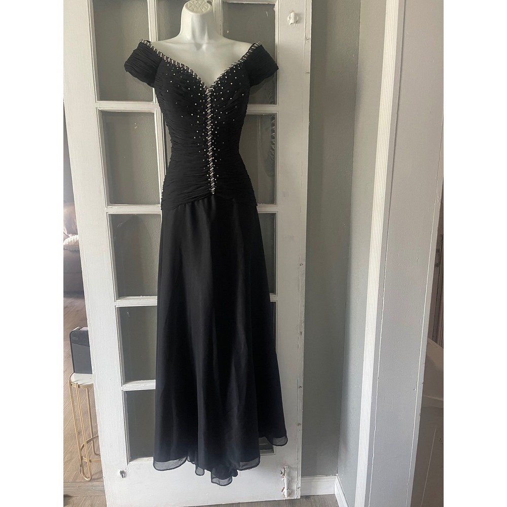 Jovani New York Black Off Shoulder Ruched Rhinestone Embellished Gown Size 14